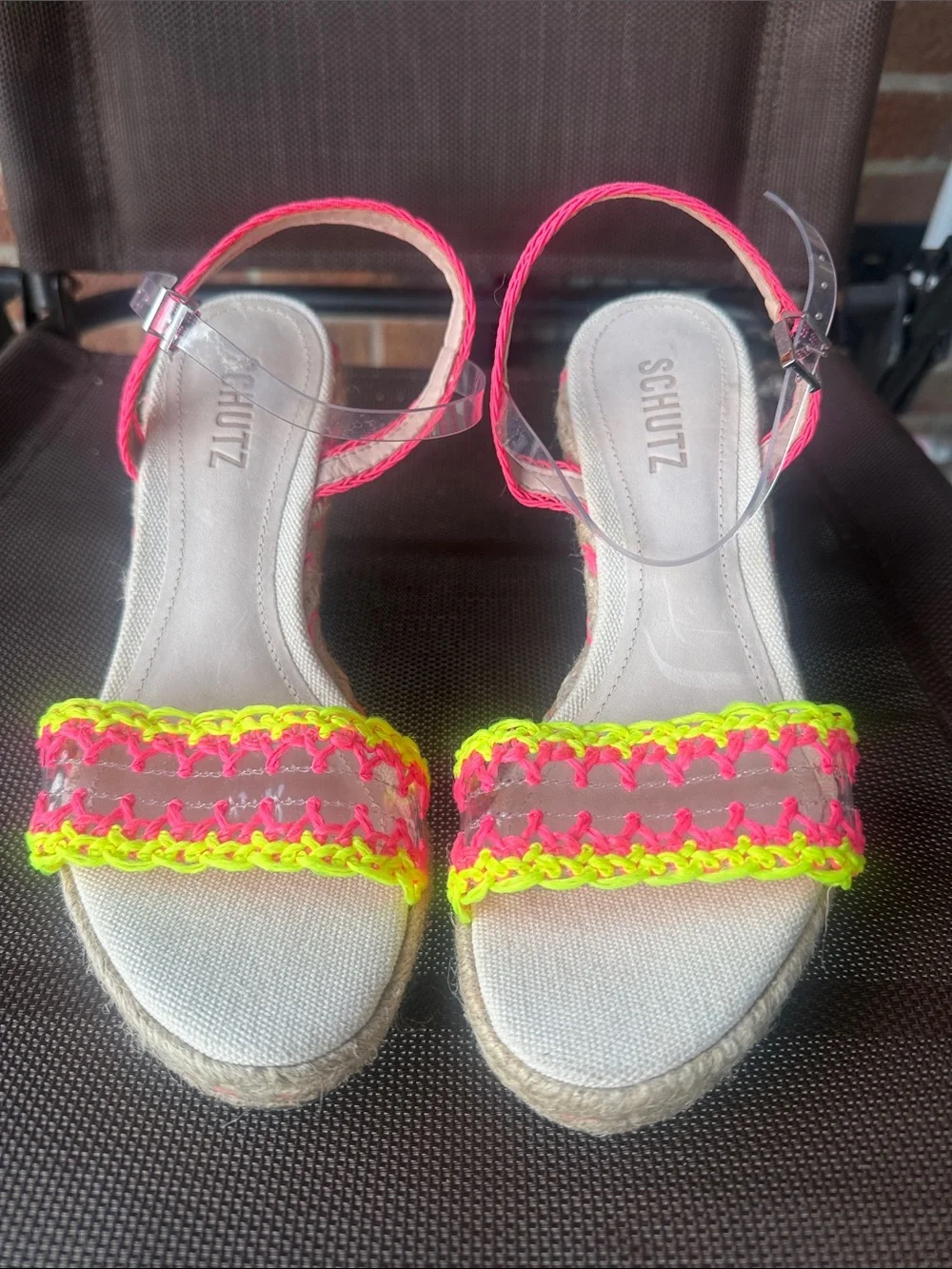 SCHUTZ Neon Pink & Neon Yellow Crochet Espadrille Sandals - Size 7.5 B
